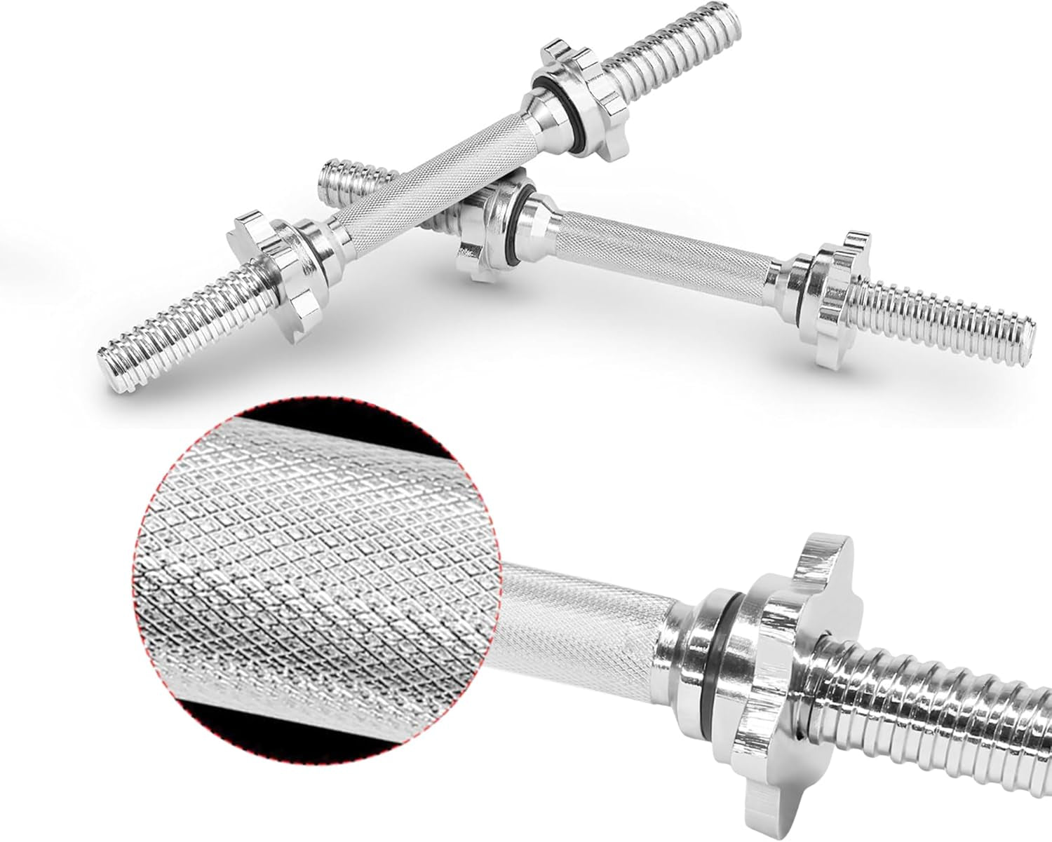 Pair of Threaded Dumbbell Handles 14/16/18/24 Inch, Chrome/Rubber Grip, Fit 1” Plates, Weight Bar Connector