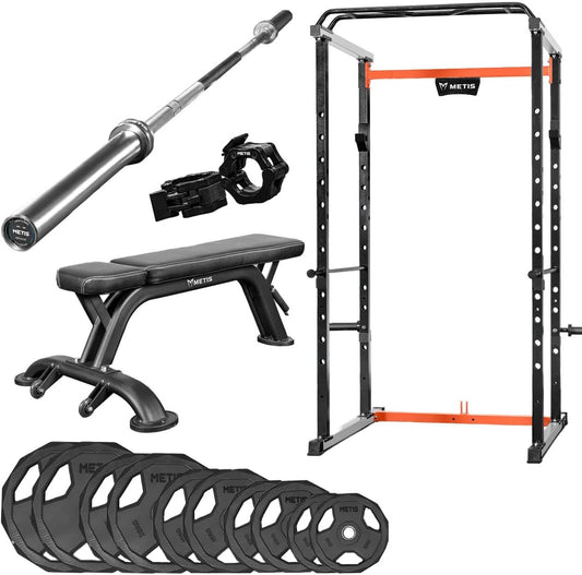 Complete Gym Equipment Set - 1X Power Cage, 1X Olympic Barbell, 1X Weightlifting Bench, 2X Barbell Locking Clips, 2X 5Kg, 10Kg, 15Kg, 20Kg & 25Kg