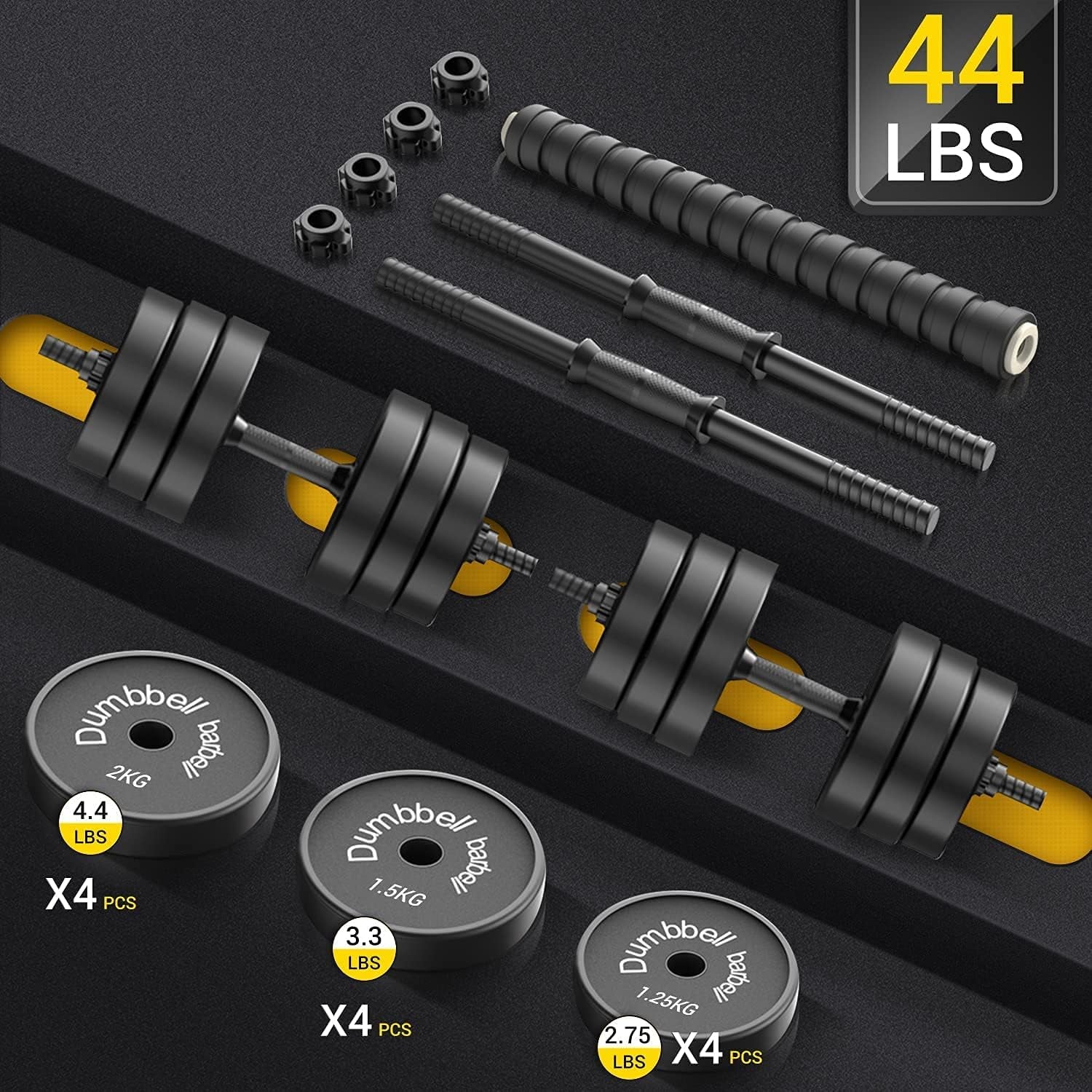 Adjustable Dumbbell Barbell Weight Pair, Free Weights 2-In-1 Set, 22-33-44-55-66-88 Non-Slip, All-Purpose, Home, Gym (Barbell 44LB or 22 LB Dumbbell Pair, Black)