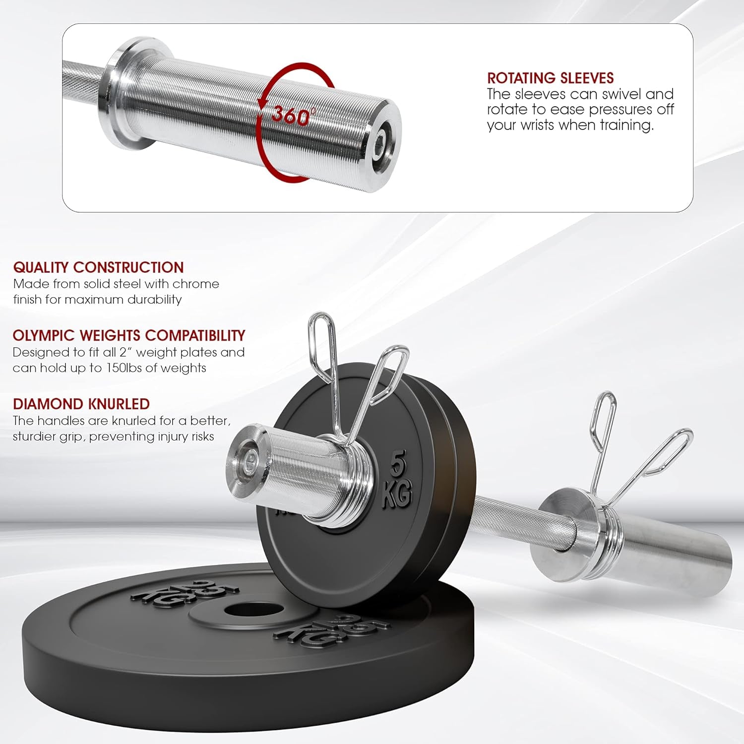 2” Olympic Dumbbell Handle –20” Long Pair of Dumbbells with Rotating Sleeves, Knurled Grips, Spring Collars Fit 2-Inch Weight Plates with Max Capacity 300Lbs Tota