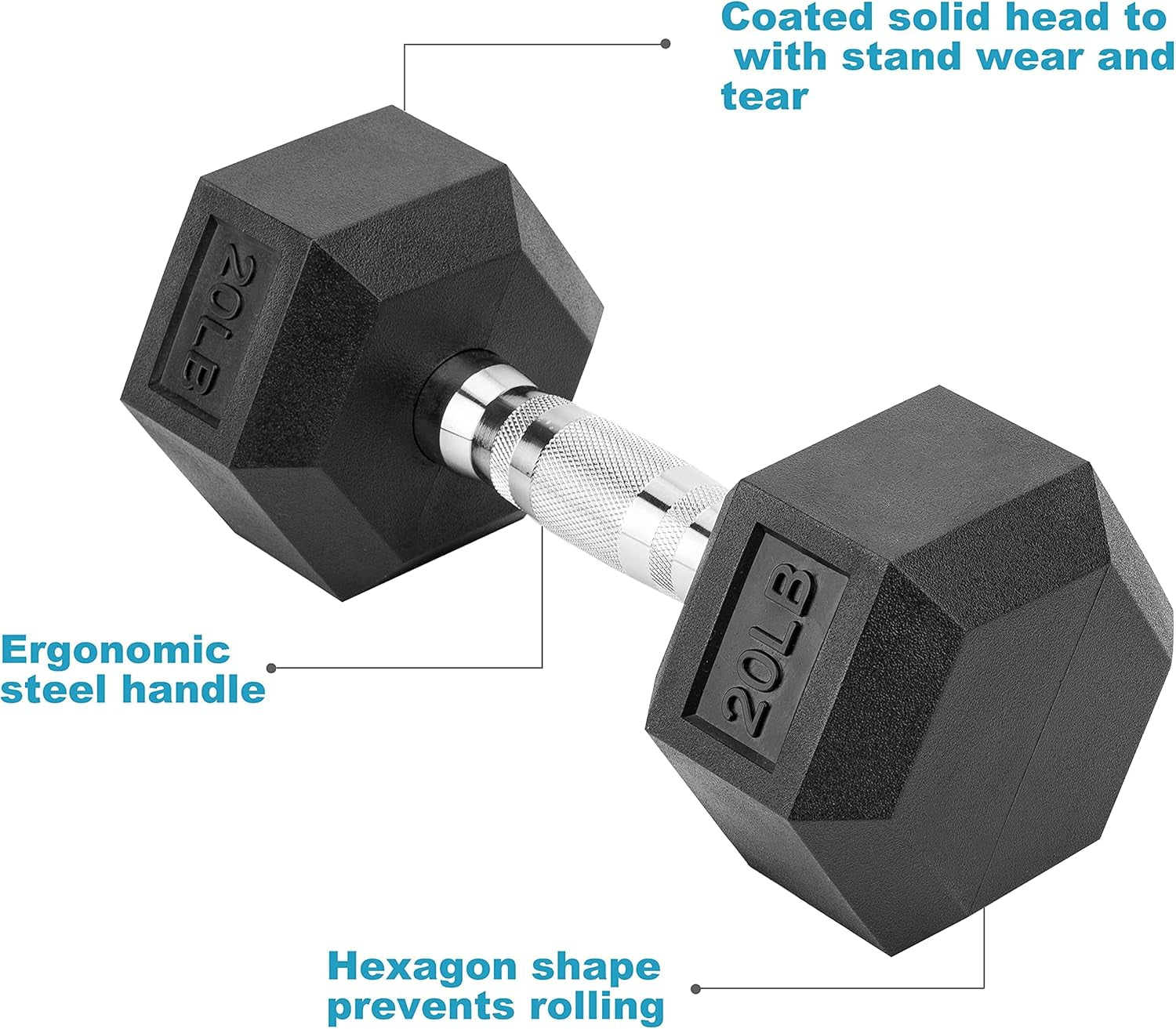 Hex Dumbbells Set of 2 Solid Iron Cast Hand Weights with Rubber Coated Dumbbell in Pairs -10Lbs 15Lb 20Lbs Exercise & Fitness with Chrome-Plated Knurled Handles for Strength Training