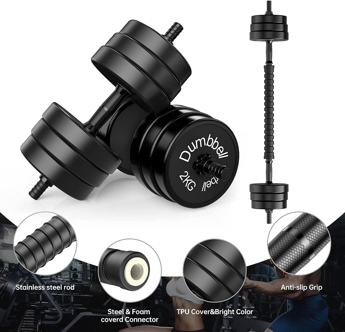 Adjustable Dumbbell Barbell Weight Pair, Free Weights 2-In-1 Set, 22-33-44-55-66-88 Non-Slip, All-Purpose, Home, Gym (Barbell 44LB or 22 LB Dumbbell Pair, Black)