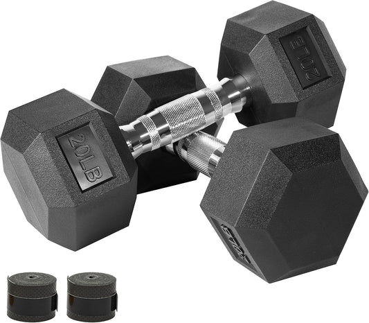Hex Dumbbells Set of 2 Solid Iron Cast Hand Weights with Rubber Coated Dumbbell in Pairs -10Lbs 15Lb 20Lbs Exercise & Fitness with Chrome-Plated Knurled Handles for Strength Training