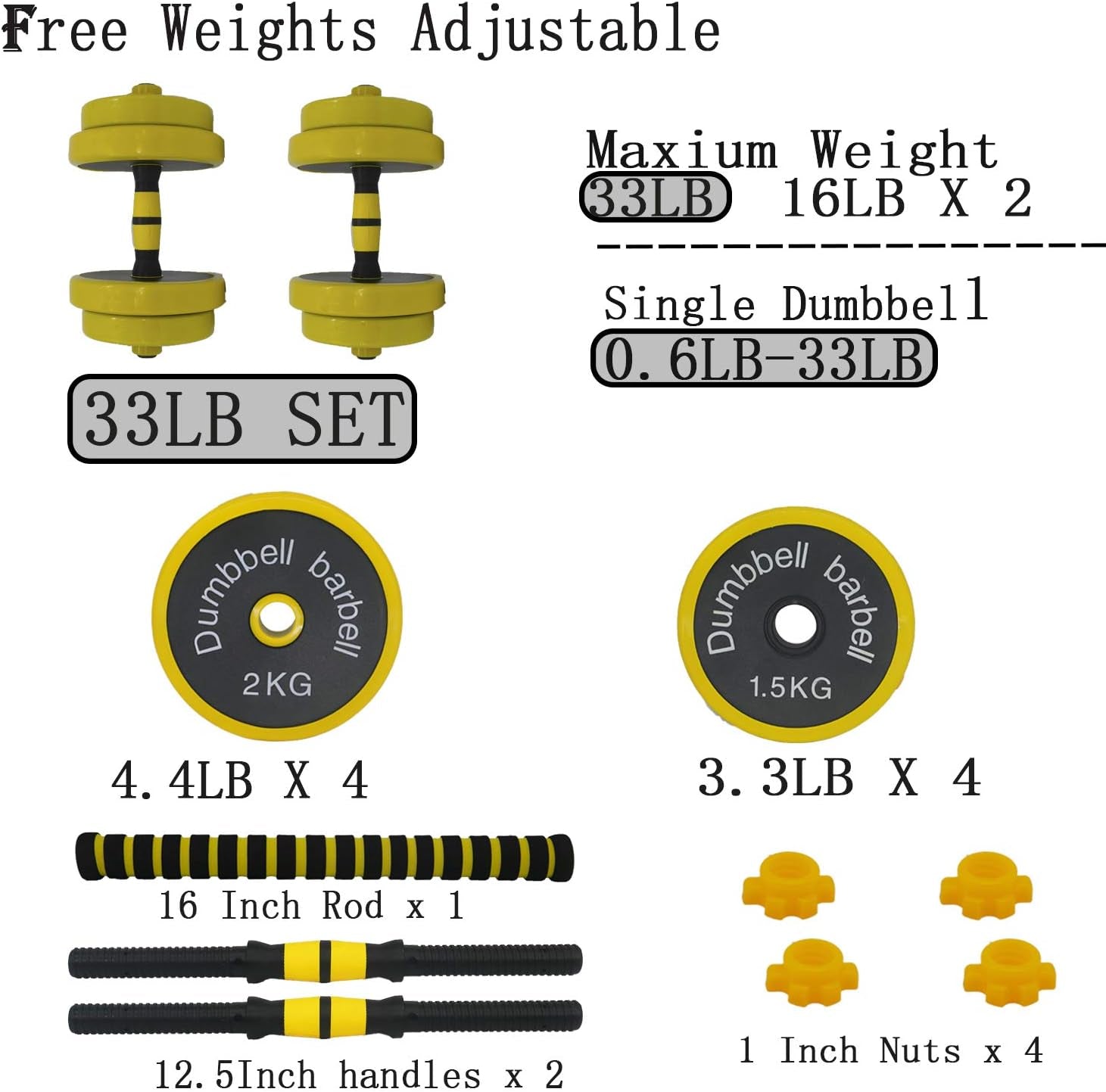 Adjustable Dumbbell Barbell Weight Pair, Free Weights Set 2-In-1 22LB/33LB/44LB/66LB, Weights Dumbbells Set with Rod, Non-Slip Handles, All-Purpose, Home, Gym, Office