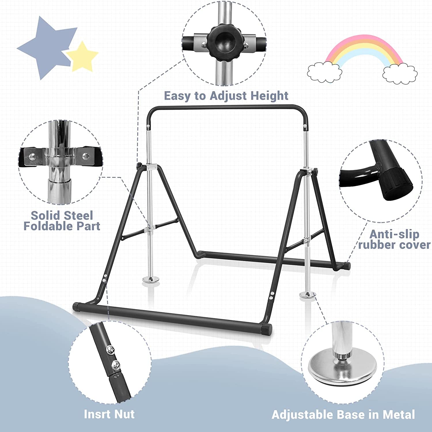 Gymnastics Bar for Kids Height Adjustable Horizontal Bar Folding Gymnastics Junior Training Bar for Home Gymnastics Equipment