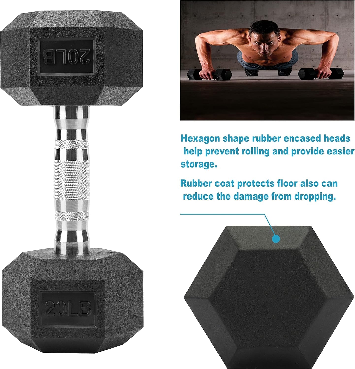 Hex Dumbbells Set of 2 Solid Iron Cast Hand Weights with Rubber Coated Dumbbell in Pairs -10Lbs 15Lb 20Lbs Exercise & Fitness with Chrome-Plated Knurled Handles for Strength Training