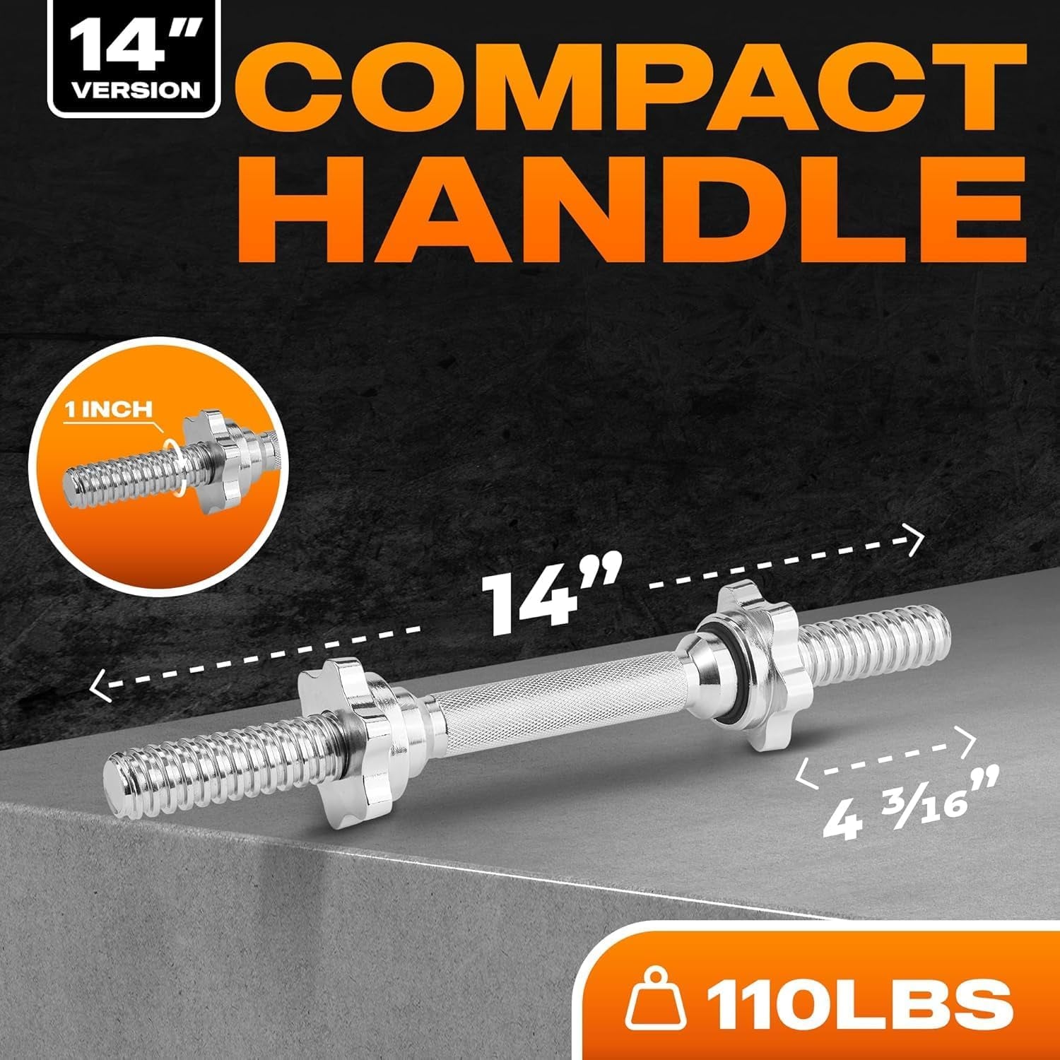 Pair of Threaded Dumbbell Handles 14/16/18/24 Inch, Chrome/Rubber Grip, Fit 1” Plates, Weight Bar Connector