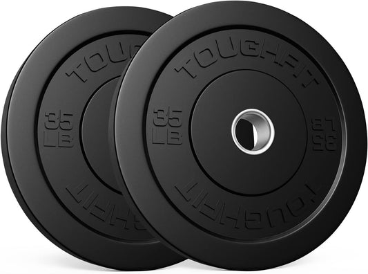 Bumper Plates with Steel Insert- Rubber 2 Inch Olympic Barbell Weightlifting Plates Set for Strength Training, Muscle Toning -Pure Black, Multi Option, Single, Pair, Set…