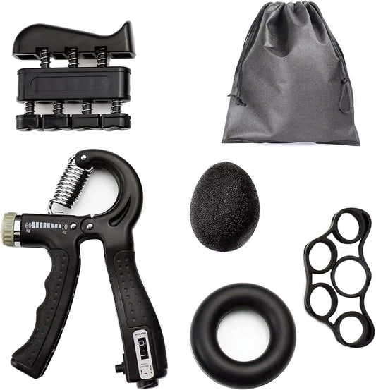 Grip Strength Trainer Kit, Counting Adjustable Hand Grip Strengthener, Finger Trainer, Finger Stretcher, Grip Ring & Stress Relief Grip Ball for Hand Exercising, Muscle Builder, Pain Relief Black