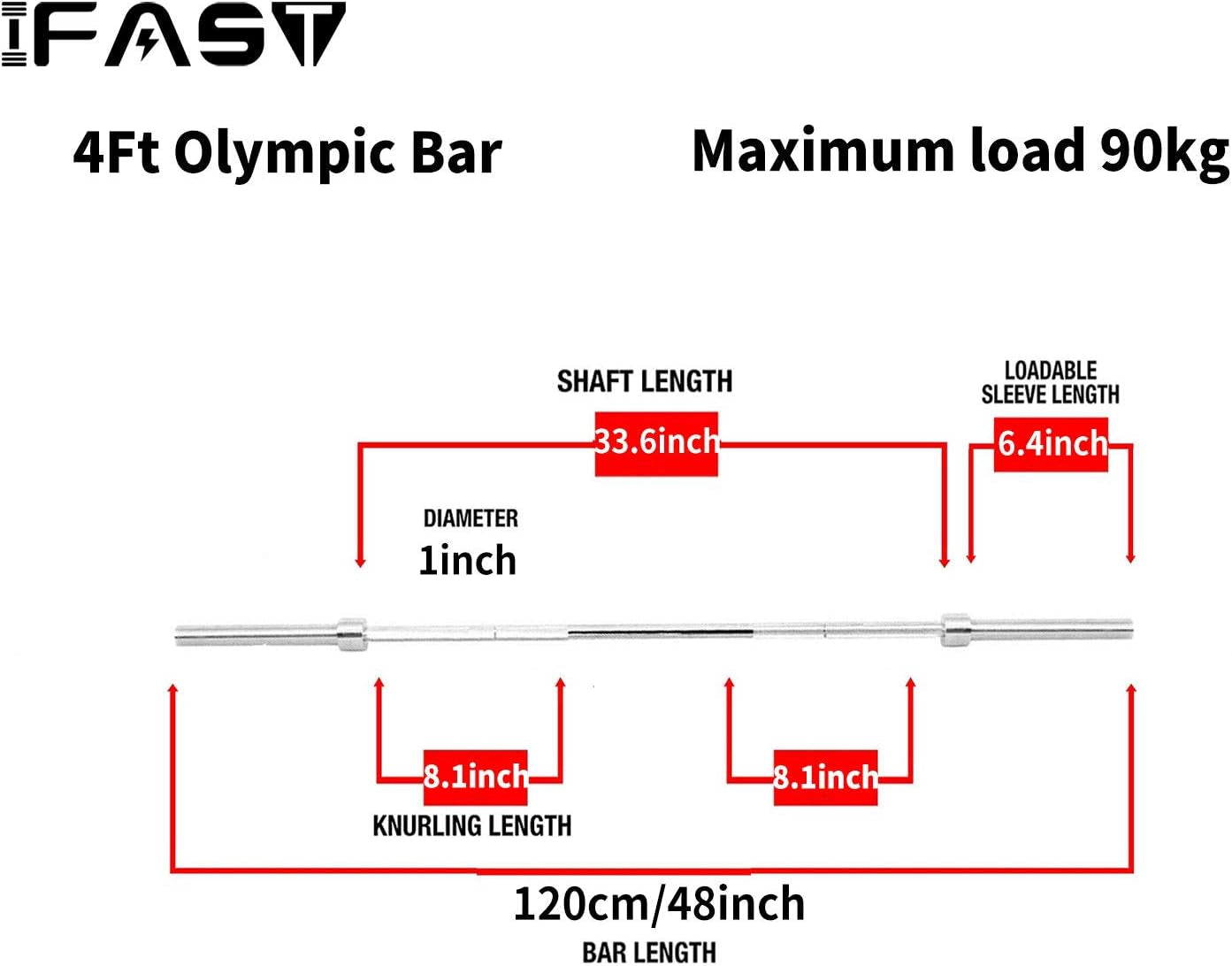 Barbell Bar for 2" Olympic Plates, Home Gym Weightlifting Bar 4Ft Solid Chrome Weight Bar 5Ft Fitness Training Curl Barbell 7.2Ft