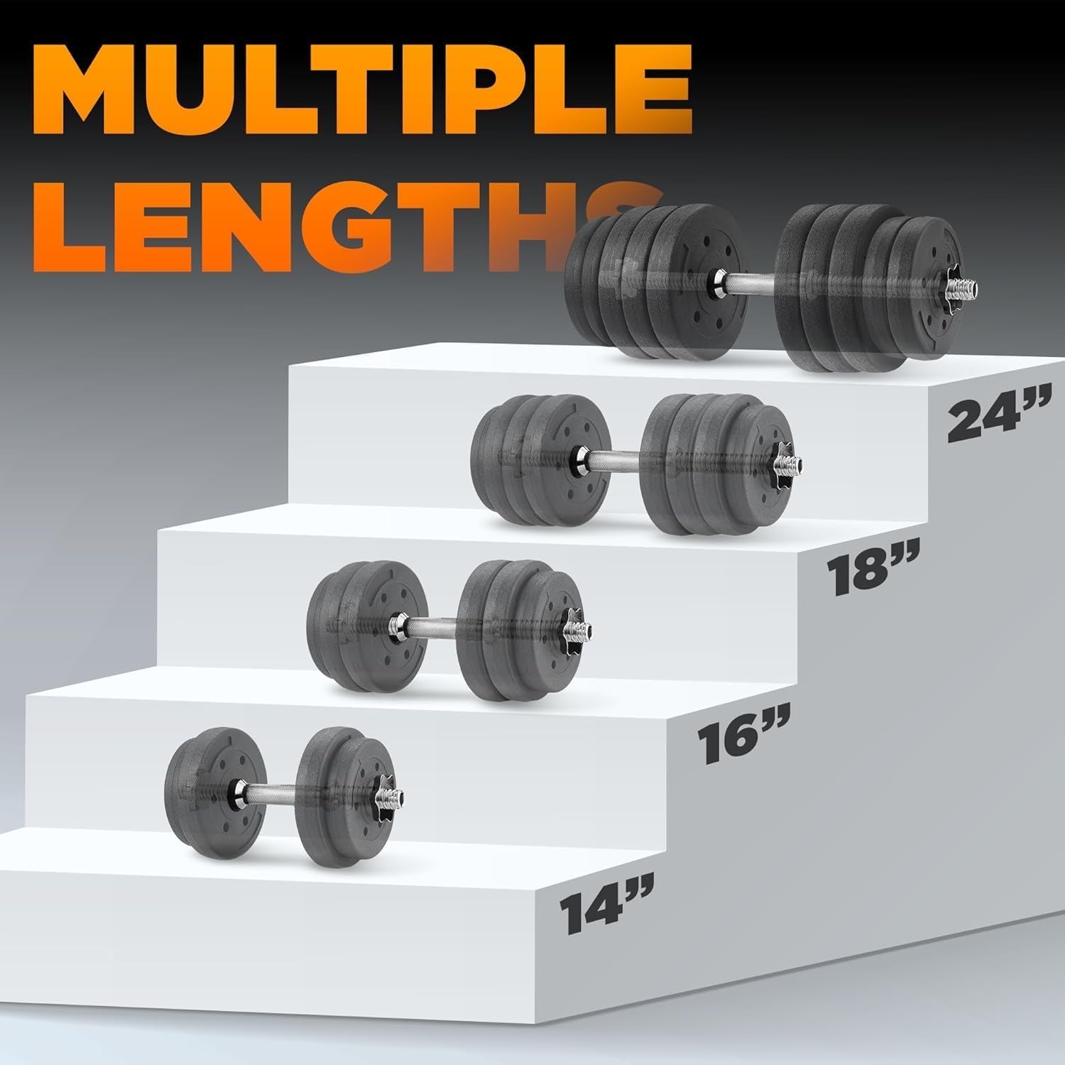 Pair of Threaded Dumbbell Handles 14/16/18/24 Inch, Chrome/Rubber Grip, Fit 1” Plates, Weight Bar Connector