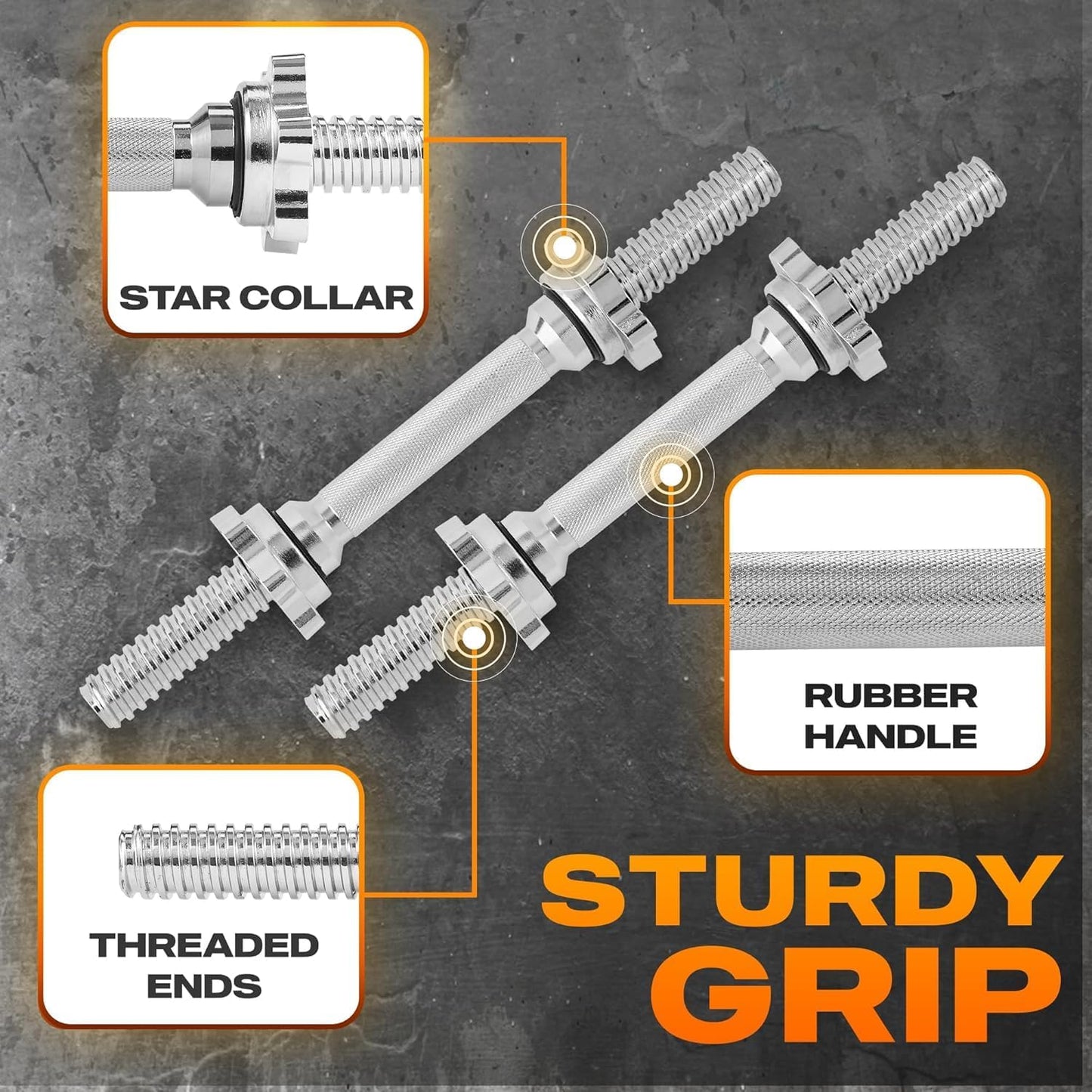 Pair of Threaded Dumbbell Handles 14/16/18/24 Inch, Chrome/Rubber Grip, Fit 1” Plates, Weight Bar Connector